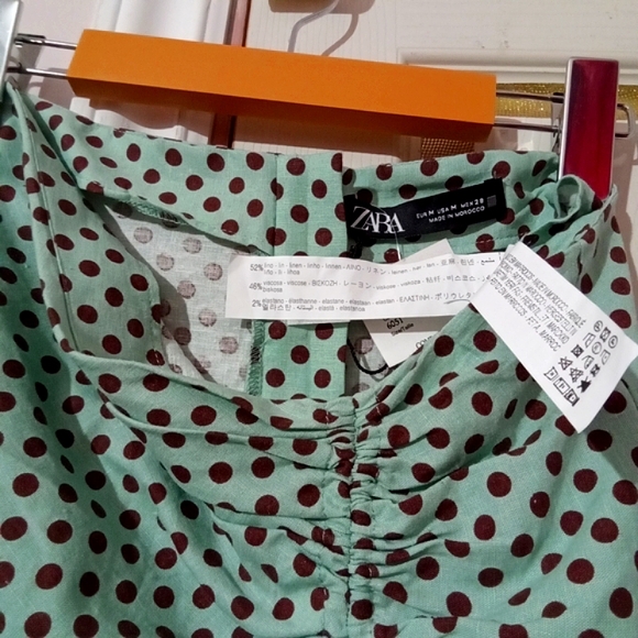 ZARA🐞Linen Ruched Mint Green Polka Dot Asymmetrical Maxi Pencil Skirt Sz:M - Picture 3 of 12